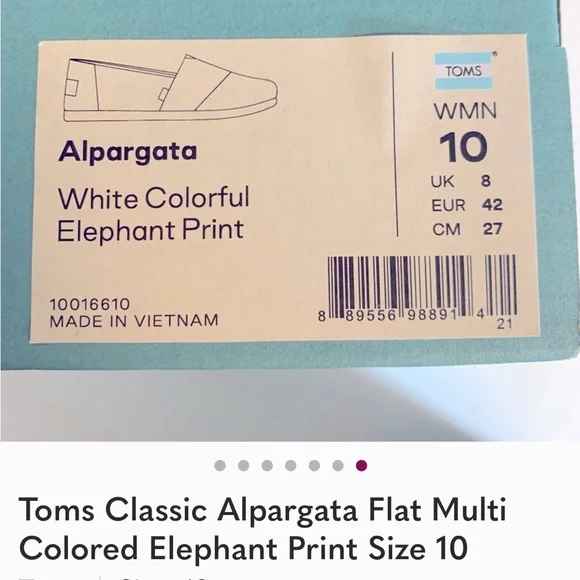 NWT TOMS Alpargata White Colorful Elephant Print Shoes, sz 7.5 - Picture 8 of 8